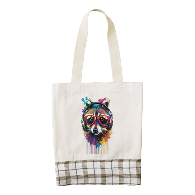 Raccoon in headphones and glasses zazzle HEART tote bag (Front)