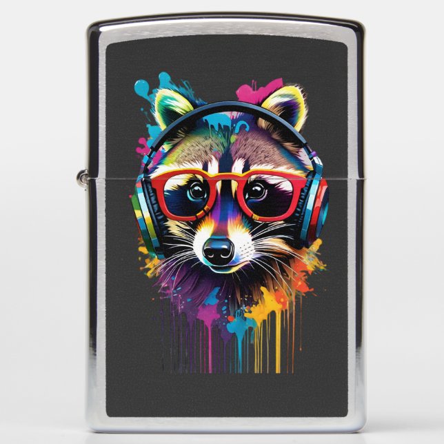 Raccoon in headphones and glasses zippo lighter (Front)