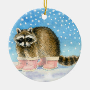Raccoon in pink boots Christmas or winter ornament