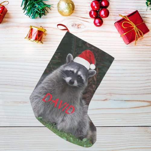Raccoon in Santa Hat Photo with Name Small Christmas Stocking