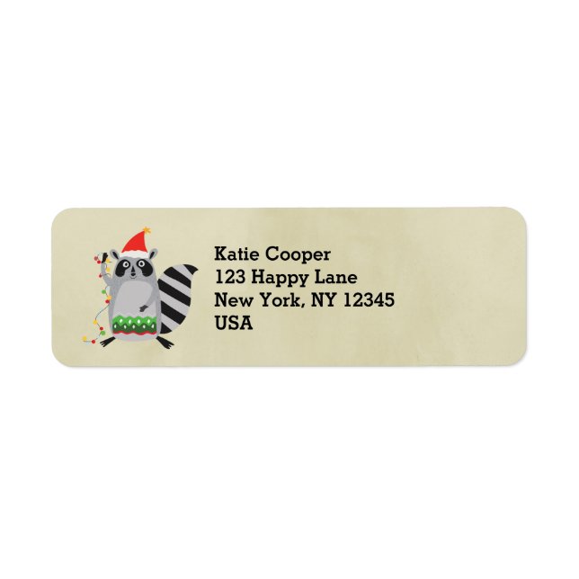 Raccoon In Santa Hat Tangled Up In Holiday Lights Label (Front)