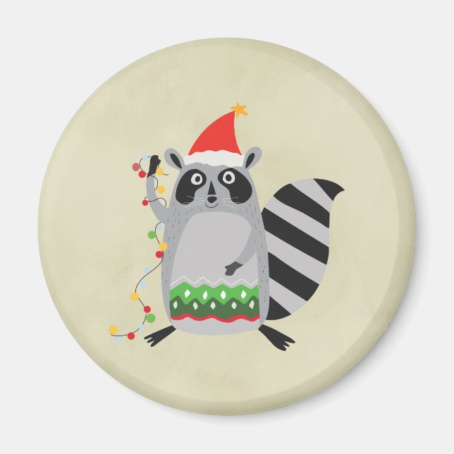 Raccoon In Santa Hat Tangled Up In Holiday Lights Magnet (Front)