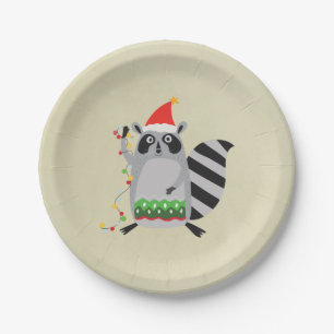 Raccoon In Santa Hat Tangled Up In Holiday Lights Paper Plates