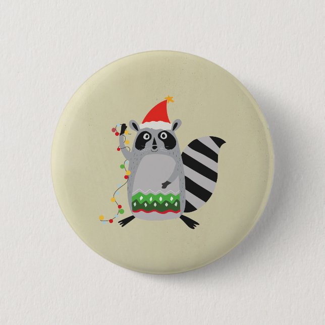 Raccoon In Santa Hat Tangled Up In Holiday Lights Pinback Button (Front)