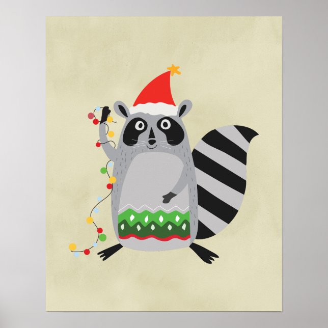 Raccoon In Santa Hat Tangled Up In Holiday Lights Poster (Front)