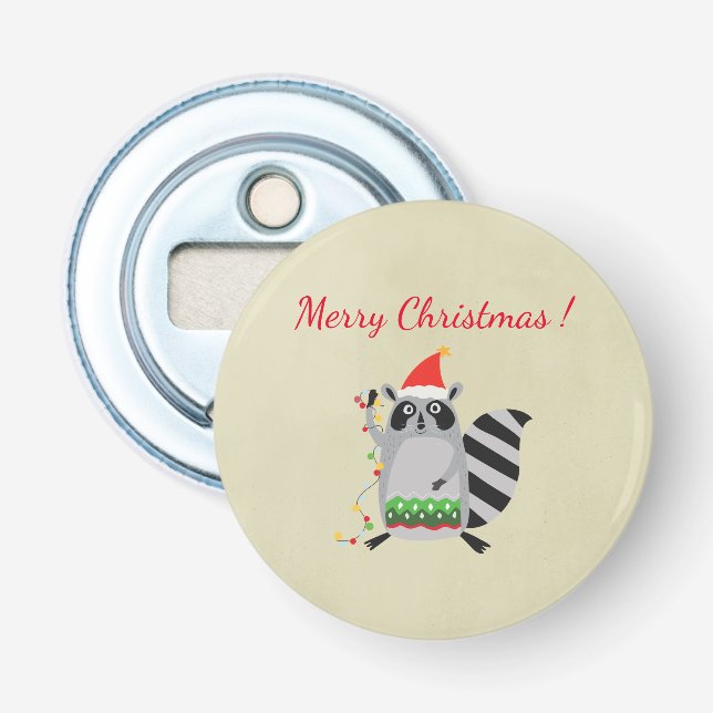 Raccoon In Santa Hat Tangled Up In Xmas Lights Bottle Opener (Front)