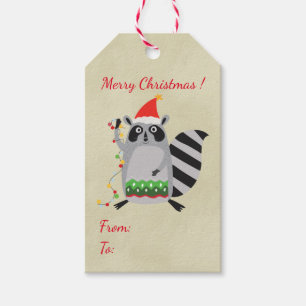 Raccoon In Santa Hat Tangled Up In Xmas Lights Gift Tags