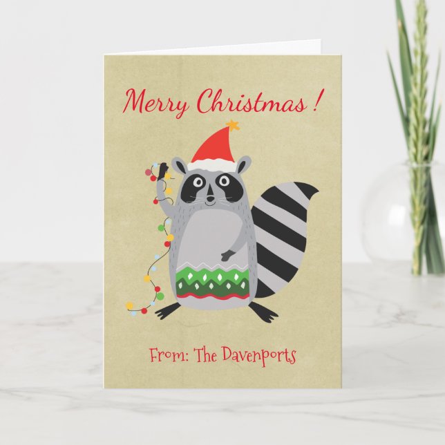 Raccoon In Santa Hat Tangled Up In Xmas Lights Holiday Card (Front)