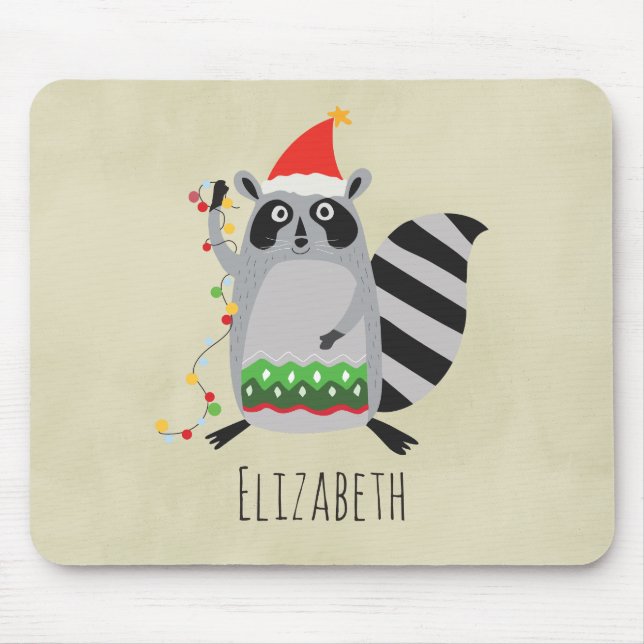 Raccoon In Santa Hat Tangled Up In Xmas Lights Mouse Pad (Front)