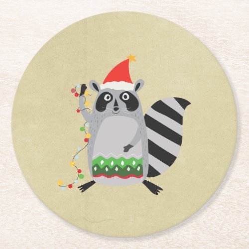 Raccoon In Santa Hat Tangled Up In Xmas Lights Round Paper Coaster