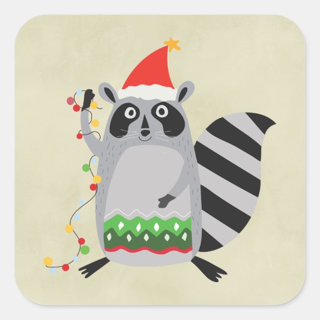 Raccoon In Santa Hat Tangled Up In Xmas Lights Square Sticker (Front)