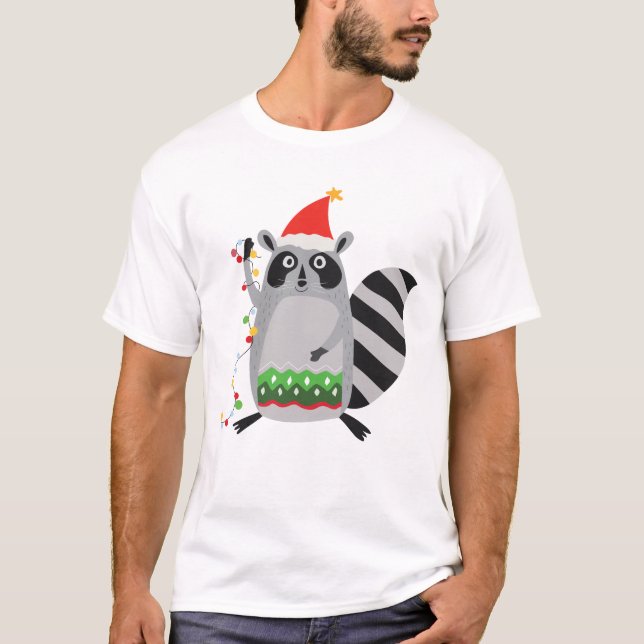 Raccoon In Santa Hat Tangled Up In Xmas Lights T-Shirt (Front)