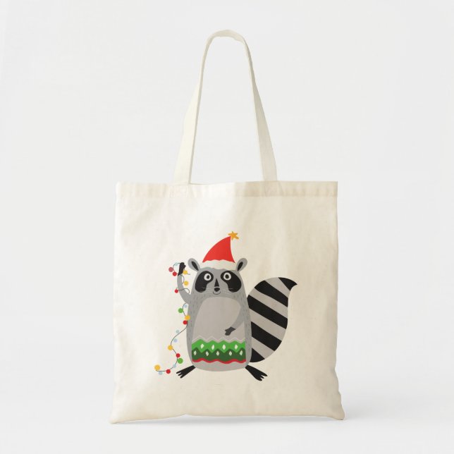 Raccoon In Santa Hat Tangled Up In Xmas Lights Tote Bag (Front)