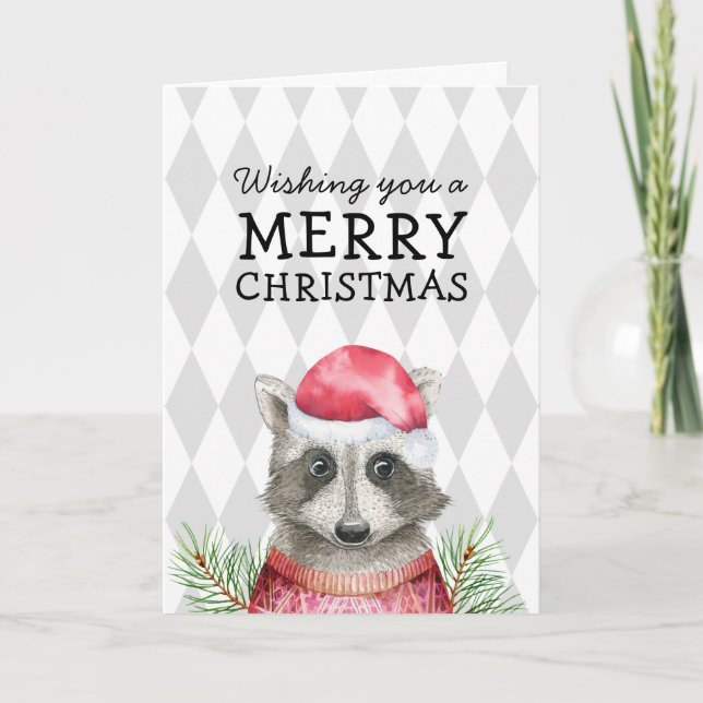 Raccoon in Santa Hat Whimsical Merry Christmas Holiday Card (Front)