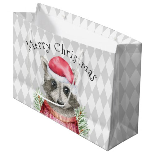 Raccoon in Santa Hat with Harlequin Pattern Large Gift Bag