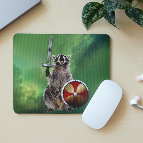 Raccoon In Space Viking Shield Sword Cute Funny Mouse Pad
