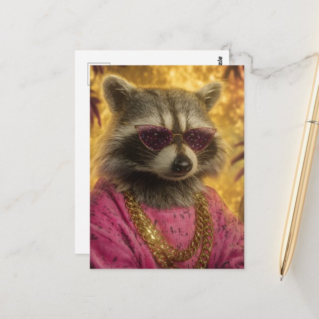 Raccoon in Sunglasses and Gold Chains Postcard (Front/Back In Situ)