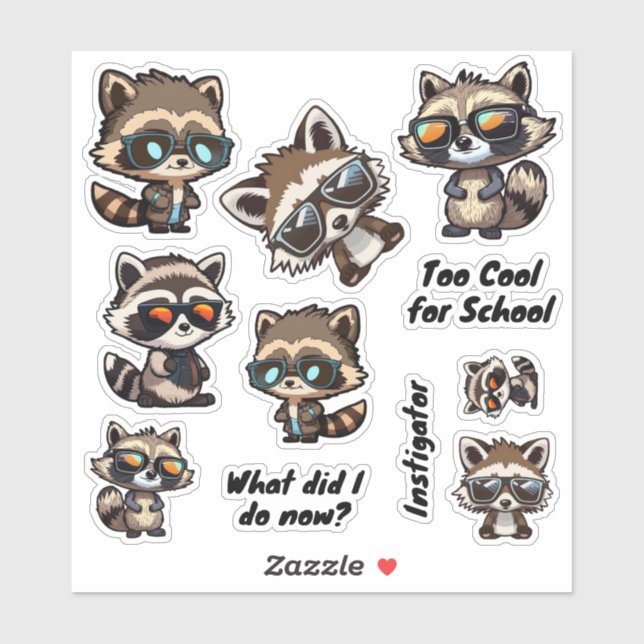 Raccoon in Sunglasses, Troublemaker Stickers, Cool Sticker (Sheet)