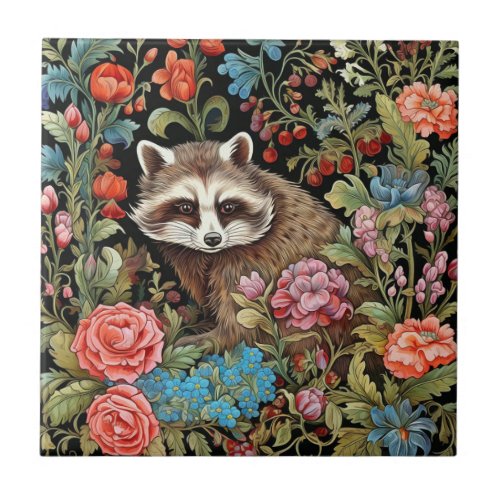 Raccoon in the garden inspired by William Morris Ceramic Tile