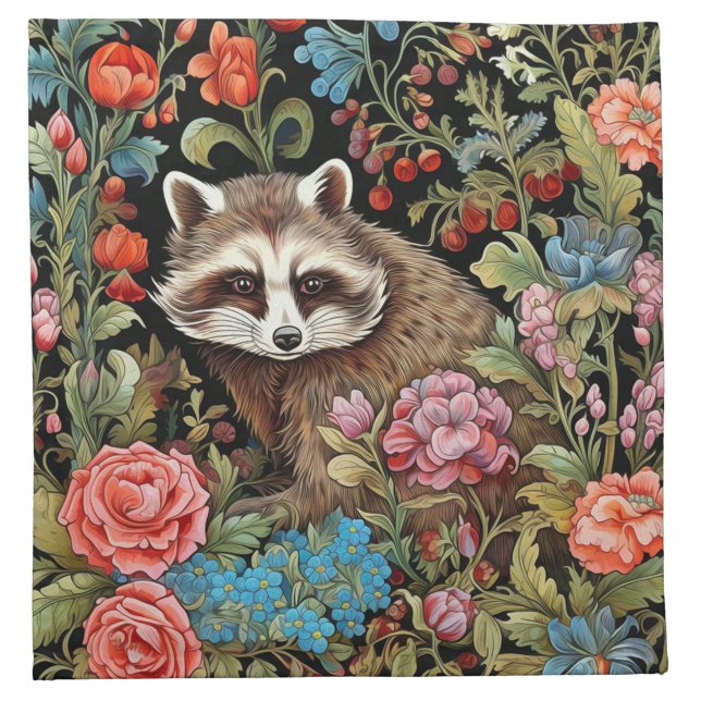 Raccoon in the garden inspired by William Morris Cloth Napkin (Front)