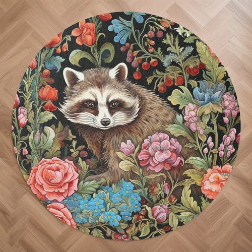 Raccoon in the garden inspired by William Morris Rug