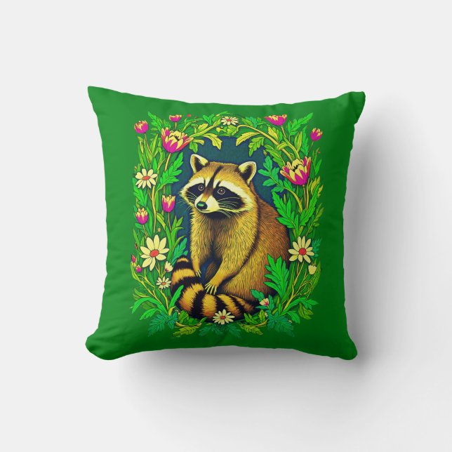 Raccoon in the Middle of Wildflower Garden Throw Pillow (Front)