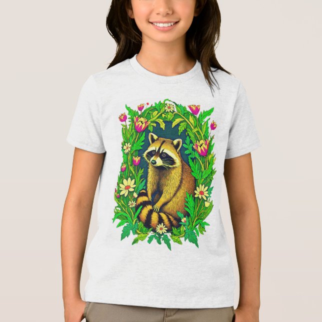 Raccoon in the Middle of Wildflower Garden Tri-Blend Shirt (Front)