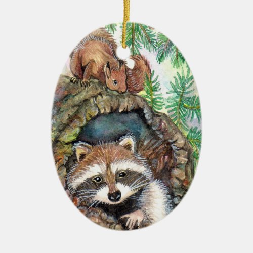 Raccoon In The Tree Hole With Squirrel Ceramic Ornament