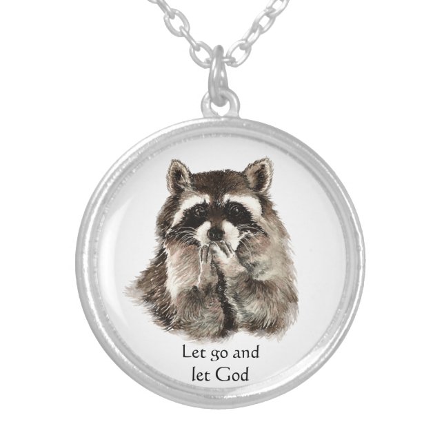 Raccoon Kissing Inspiring Quote Let Go Let God Silver Plated Necklace (Front)