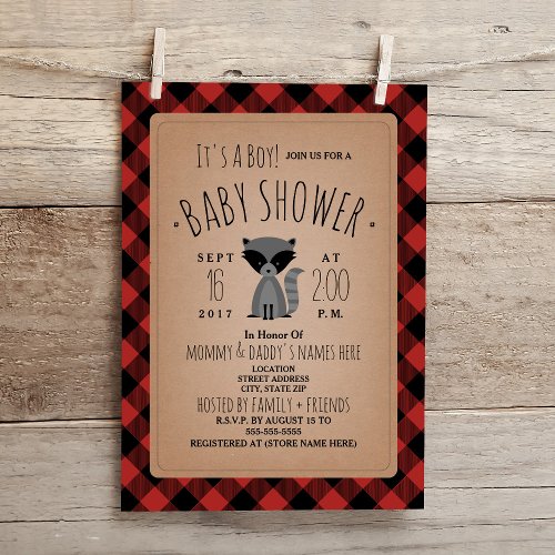 Raccoon Lumberjack Plaid Baby Shower Invitation