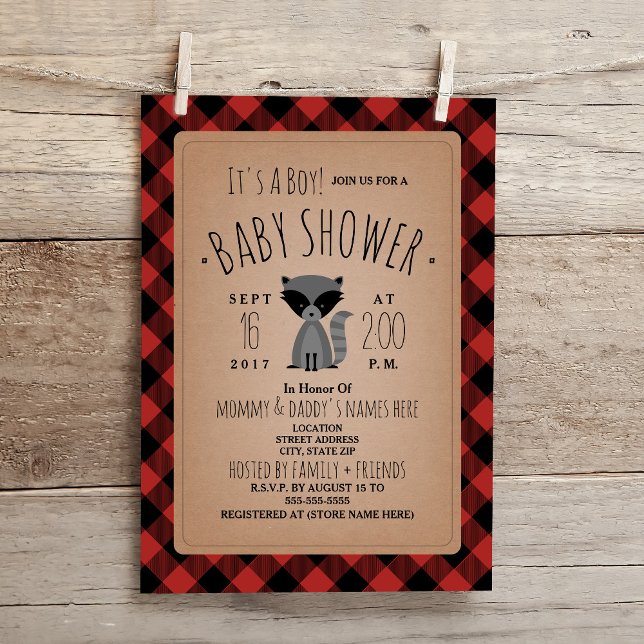Raccoon Lumberjack Plaid Baby Shower Invitation (Creator Uploaded)