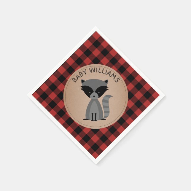 Raccoon Lumberjack Plaid Baby Shower Napkins (Corner)