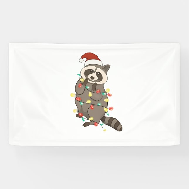Raccoon Merry Christmas Lights Santa Hat Xmas Snow Banner (Horizontal)