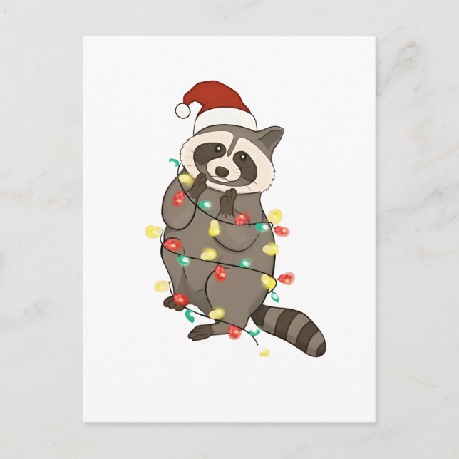 Raccoon Merry Christmas Lights Santa Hat Xmas Snow Invitation Postcard (Front)