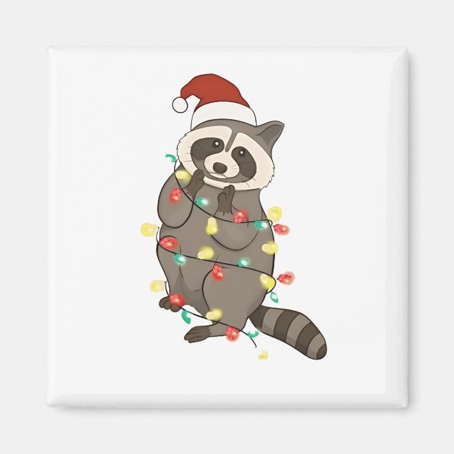 Raccoon Merry Christmas Lights Santa Hat Xmas Snow Magnet (Front)