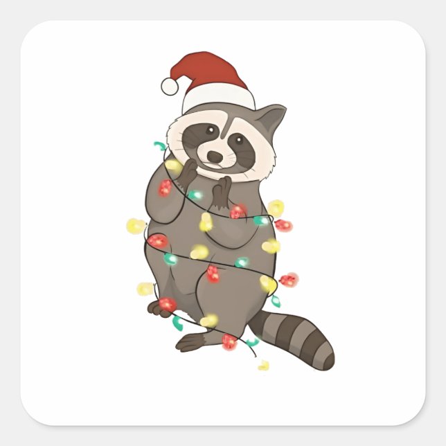 Raccoon Merry Christmas Lights Santa Hat Xmas Snow Square Sticker (Front)