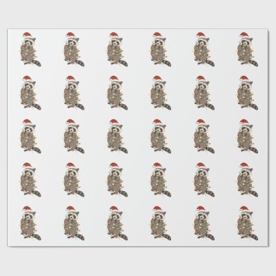 Raccoon Merry Christmas Lights Santa Hat Xmas Snow Wrapping Paper