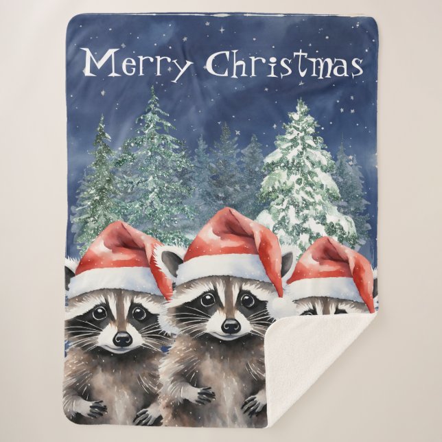 Raccoon Merry Christmas Sherpa Blanket (Front)