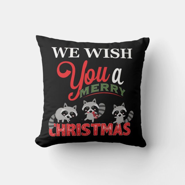Raccoon Merry Christmas Throw Pillow (Front)