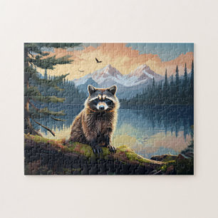 Raccoon on a Log Woodland Lake Jigsaw Puzzle