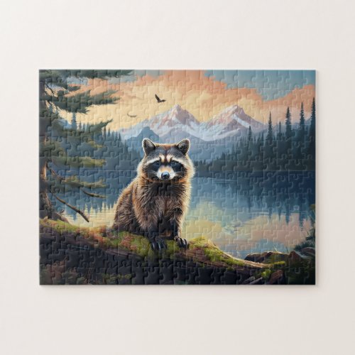 Raccoon on a Log Woodland Lake Jigsaw Puzzle