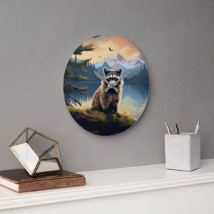 Raccoon on a Log Woodland Lake Large Clock