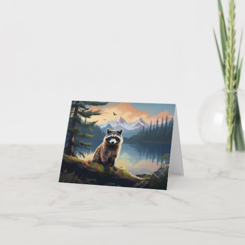 Raccoon on a Log Woodland Lake Note Card
