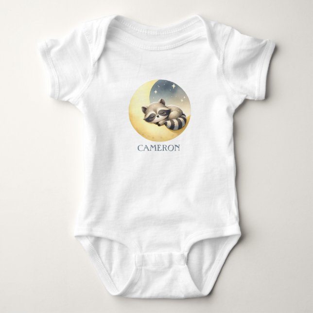 Raccoon on a Moon! Adorable Funny Cute Custom Name Baby Bodysuit (Front)