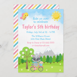 Raccoon on Pink Bicycle Birthday Invitation