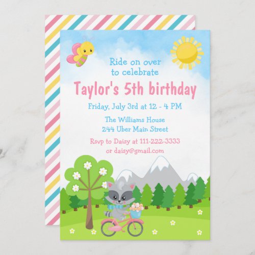 Raccoon on Pink Bicycle Birthday Invitation