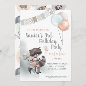 Raccoon On Scooter Birthday Party Invitation