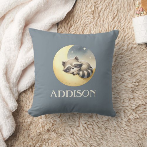 Raccoon on the Moon Custom Name Cute Nursery  Throw Pillow