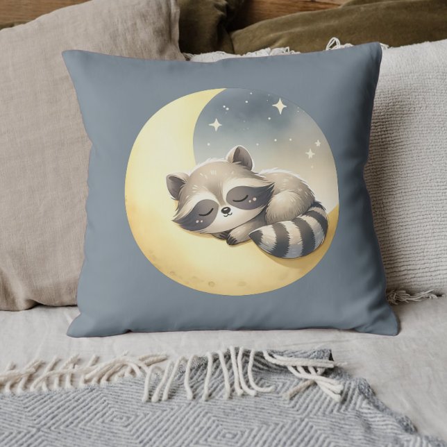 Raccoon on the Moon Cute Rhyming Animal Kids Room  Throw Pillow (Adorable Raccoon Moon Pillow - Cute Sleepy Raccoon Design, Perfect for Kids' Rooms, Unique Gift. )