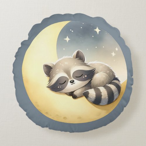 Raccoon on the Moon Cute Starry Woodland Nursery  Round Pillow
